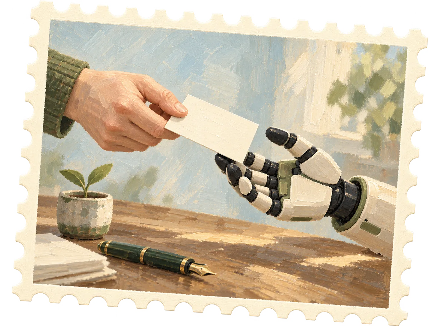 Briefmarke: eine Hand reicht Feldys Hand eine Karte, auf dem Tisch ein Füller und ein Setzling.